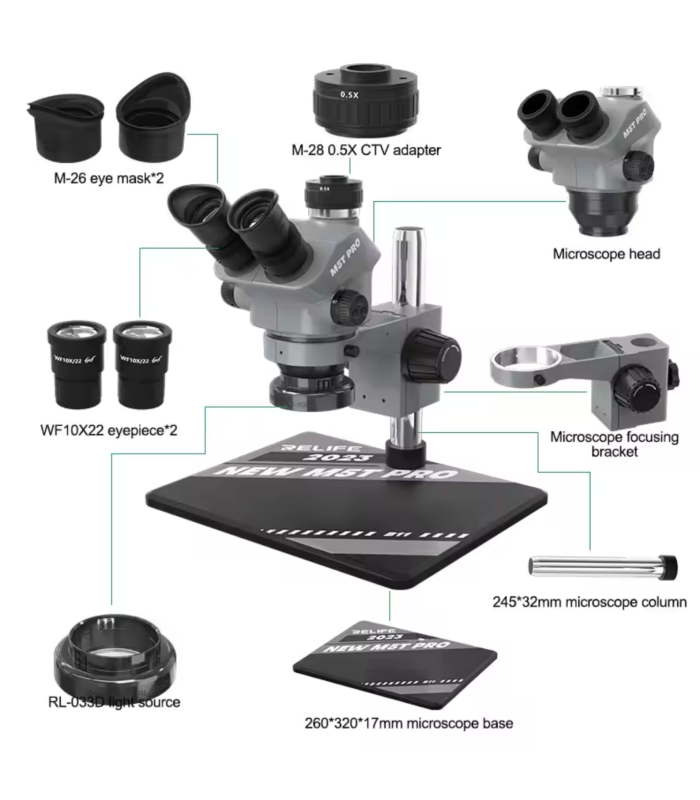Relife RL-M5T Pro-B11 Trinocular HD Stereo Microscope 7-50 Zoom Grey colour