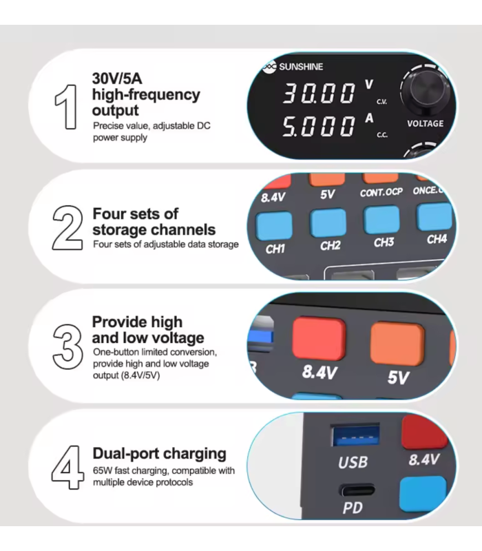 SUNSHINE P2 PRO Regulated DC Power Supply 30V 5A 265W Fast Charge USB