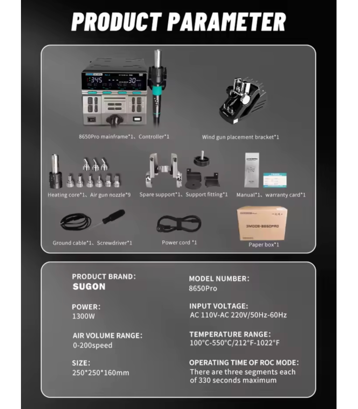 SUGON 8650Pro 1300W Hot Air Rework Station SMD Welding solder Curve Mode